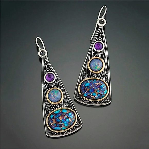 Vintage Handmade Boho Earrings, Silver Geometric - Picture 3 of 6